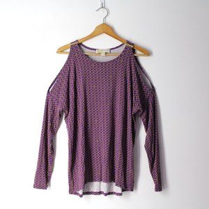 Michael Kors long sleeve cold shoulder soft stretch blouse top Sz M purple gold